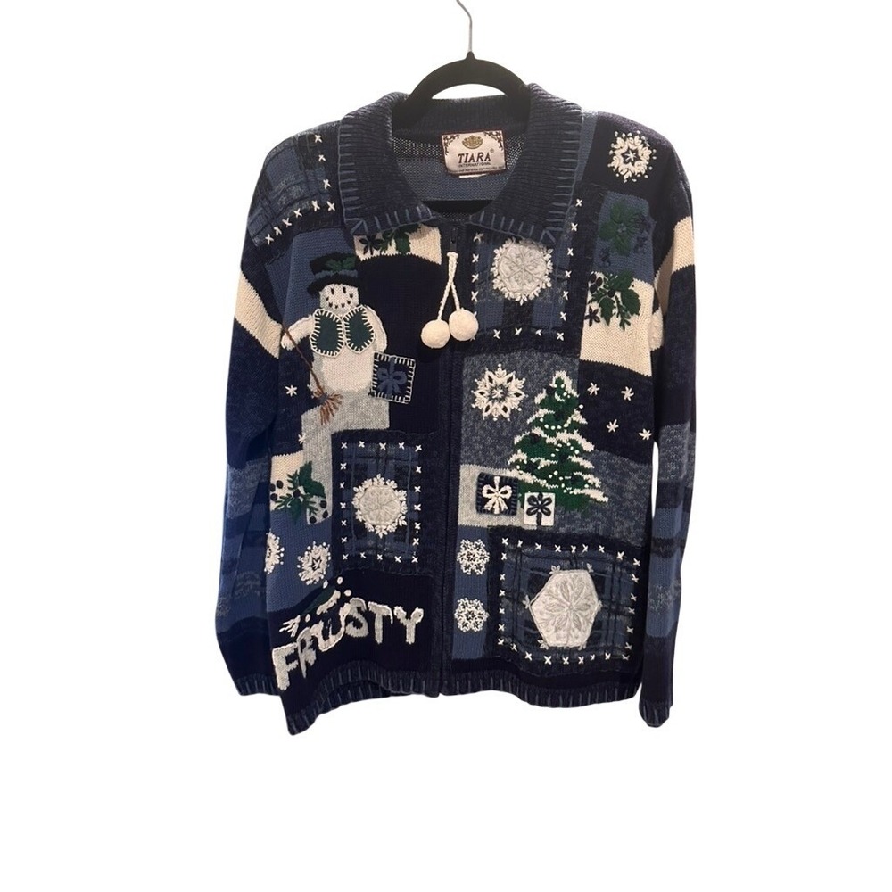 Tiara International Frosty Snowman Christmas Tree Zip Cardigan Sweater Blue‎ L